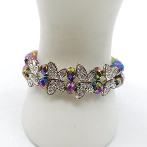 Faceted Crystal Butterfly Stretch Bracelet Iridescent Metallic Beaded Jewelry